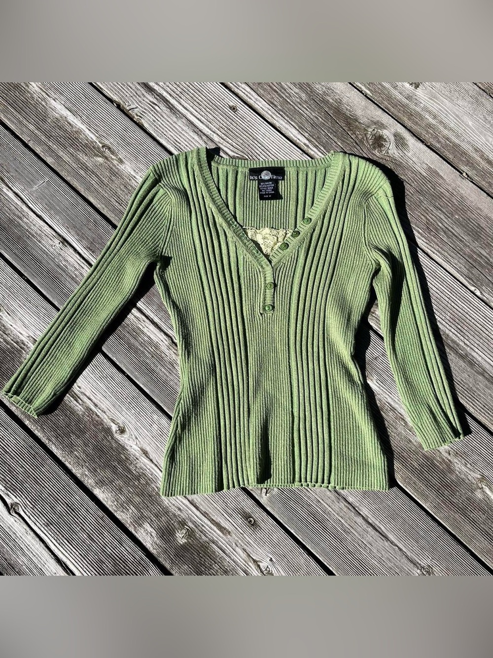 It's Our Time Olive Ribbed Henley with Lace Inset